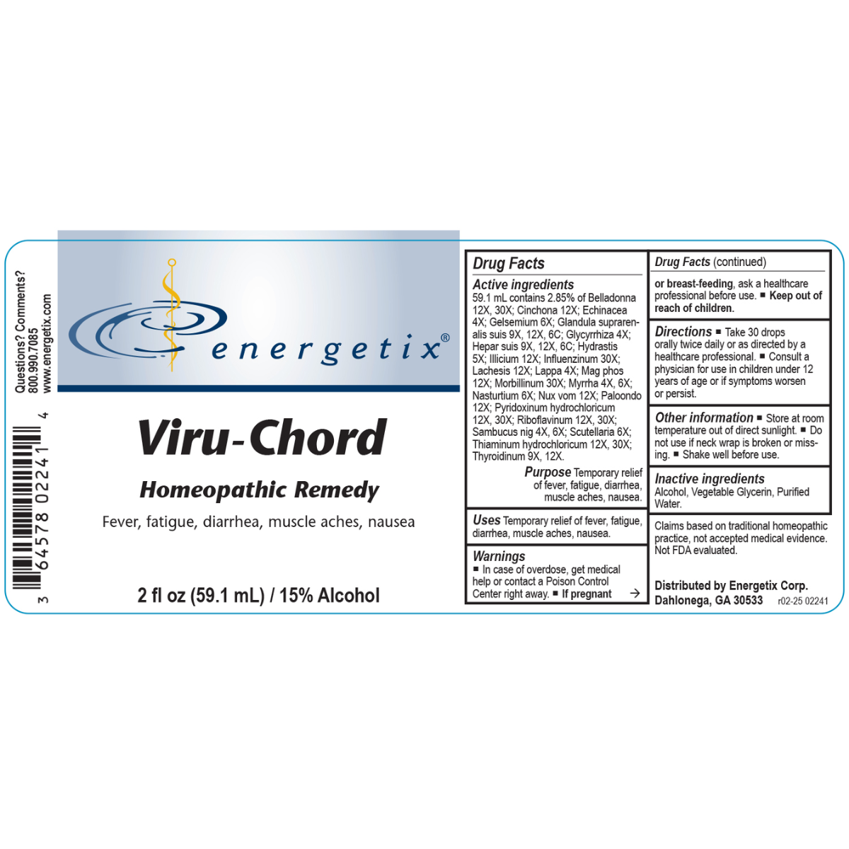 Viru-Chord is a homeopathic combination formula for symptoms of fever, chills, fatigue, headache, coughs, nausea, diarrhea, swollen glands, and muscle aches.