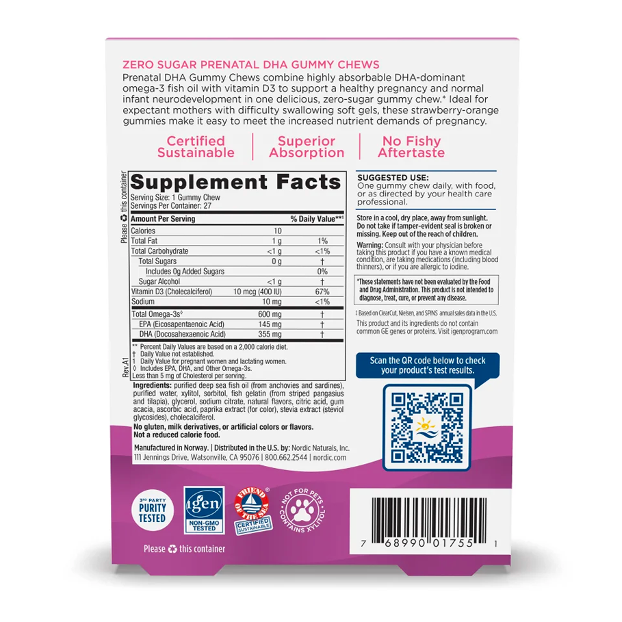 Zero Sugar Prenatal DHA Gummy Chews by Nordic Naturals