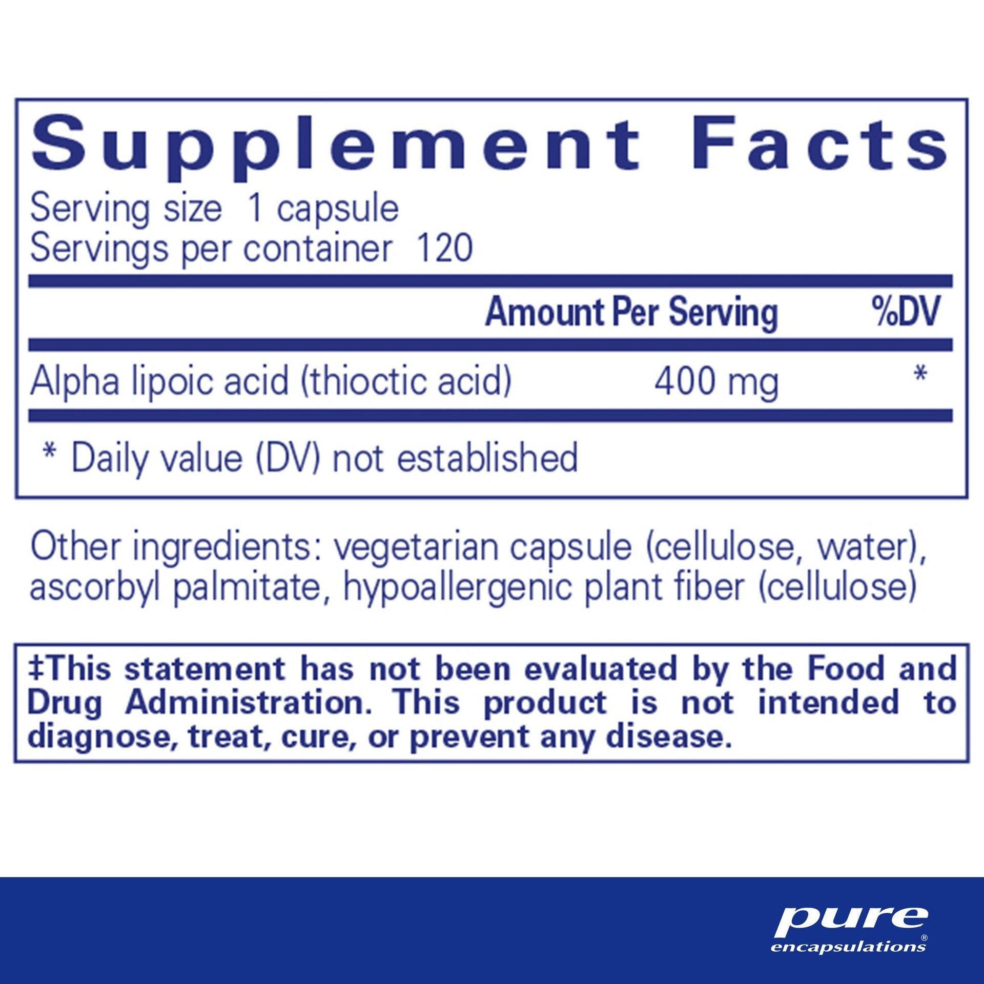 Alpha Lipoic Acid 400 mg 120 Capsules by Pure Encapsulations