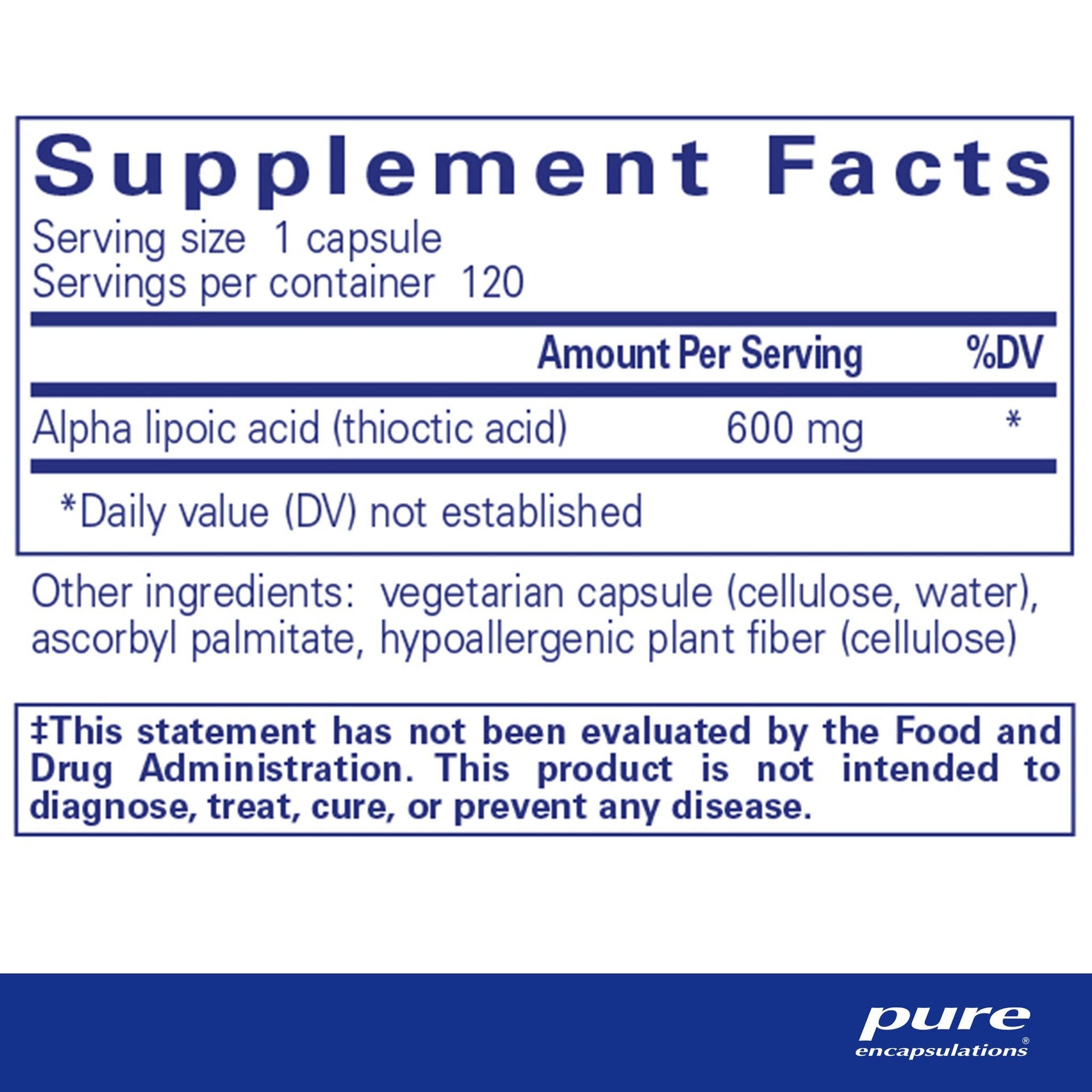 Alpha Lipoic Acid 600 mg 120 Capsules by Pure Encapsulations