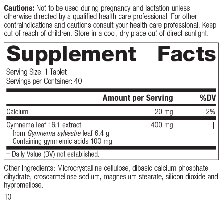 Gymnema, 40 Tablets – Supplement Facts