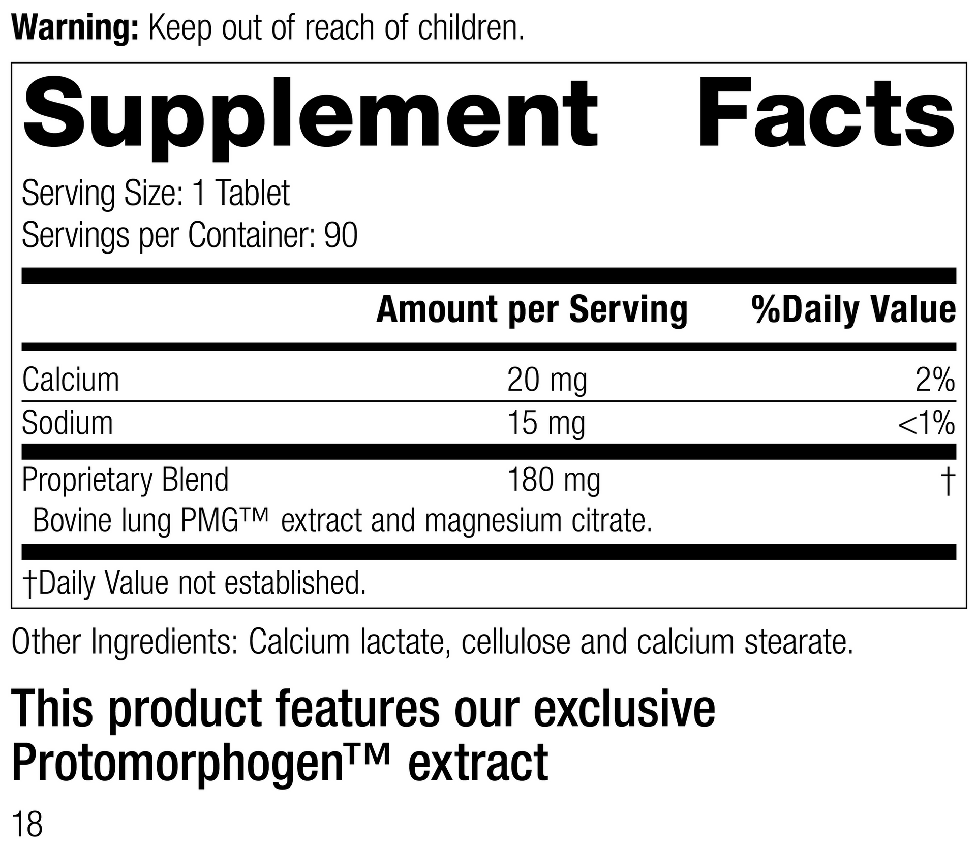 Pneumotrophin PMG®, 90 Tablets Supplement Facts