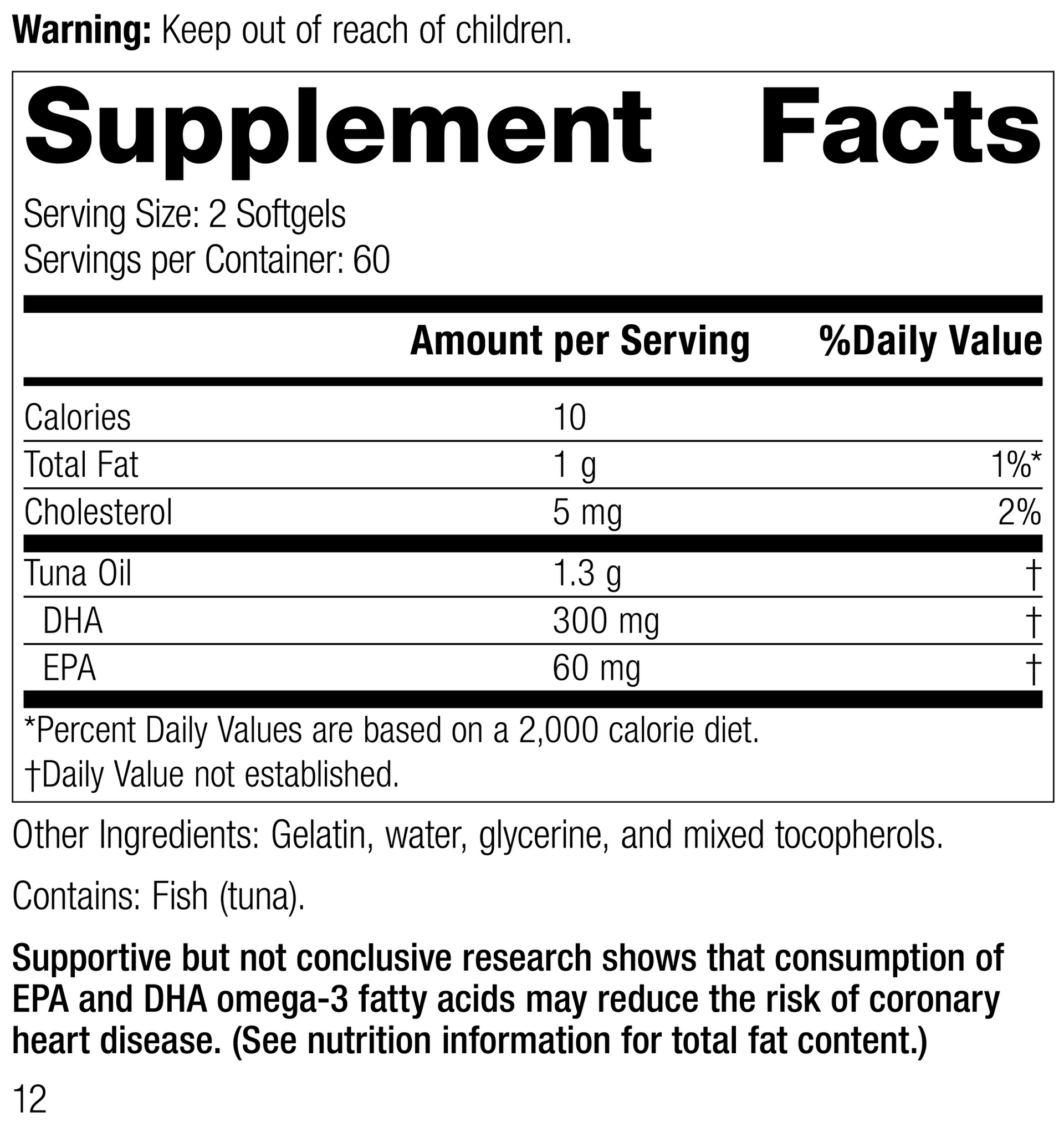 Tuna Omega-3 Oil, 120 Softgels Supplement Facts