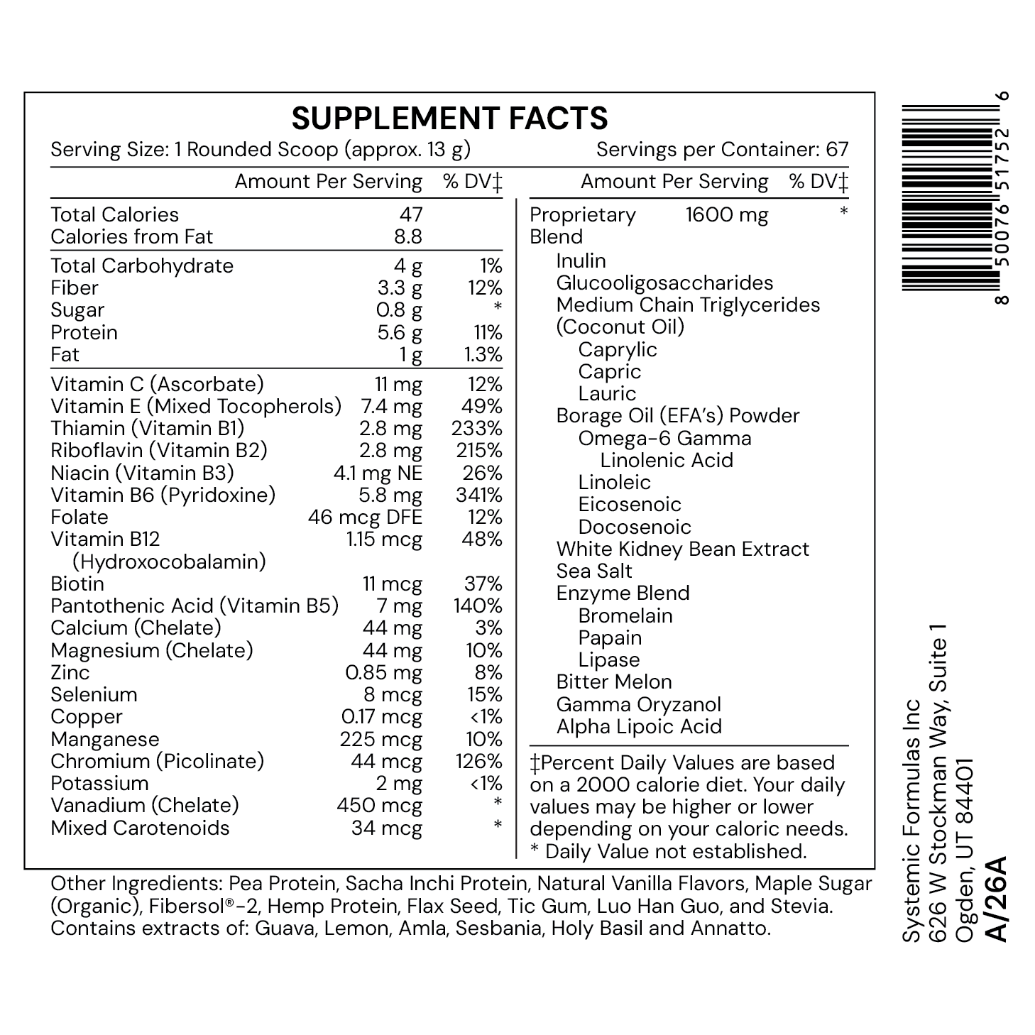 Metabo-Shake Vanilla — Supplement Facts